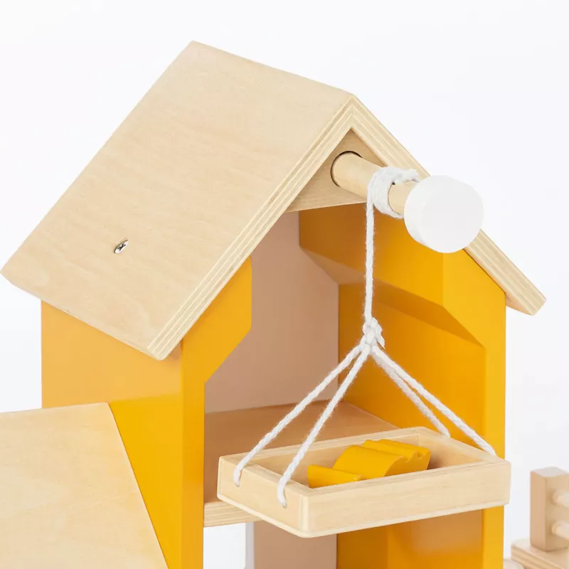 holzspielzeug, vogelhaus, kinderzimmer, gelb, miniaturhaus