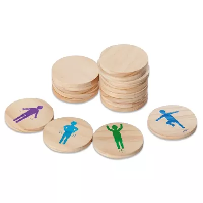 Holzscheiben, Holzwürfel?, Kinder-Spiel?, bunte Silhouetten, Holzscheiben-Spiel