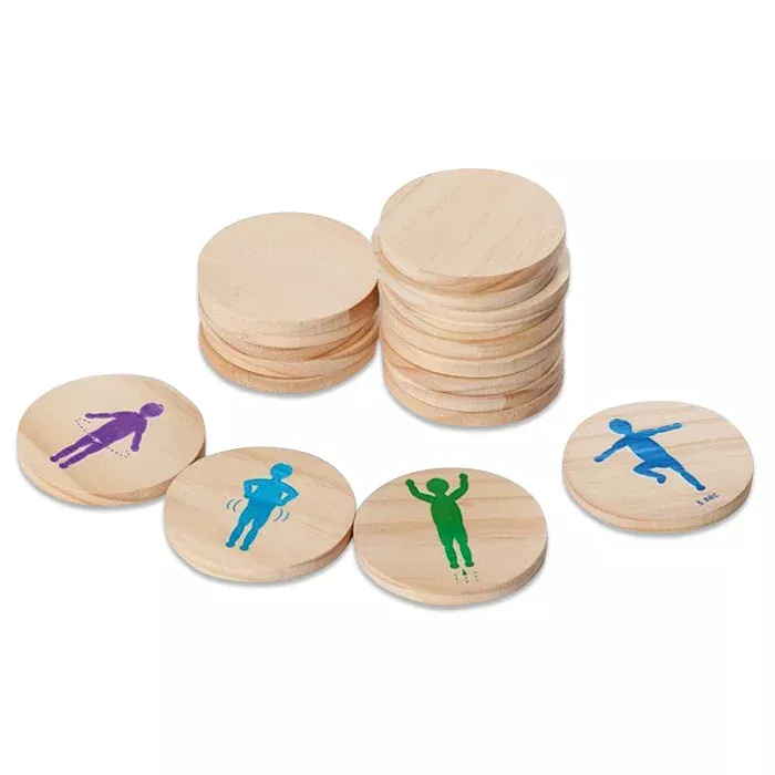 Holzscheiben, Holzwürfel?, Kinder-Spiel?, bunte Silhouetten, Holzscheiben-Spiel
