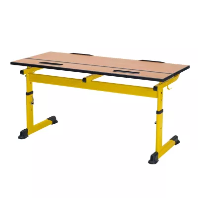 werkbank, schreibtisch, holzplatte, gelb, verstellbar