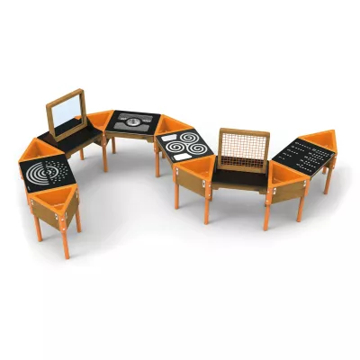 Modulares Tischsystem, Tisch-Module, Orange Akzente, Holzbeine, Grafik-Oberfläche