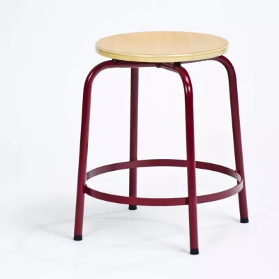 stuhl, hocker, holzplatte, roter rahmen, metallrahmen