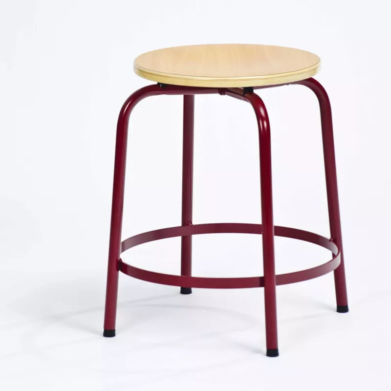 stuhl, hocker, holzplatte, roter rahmen, metallrahmen