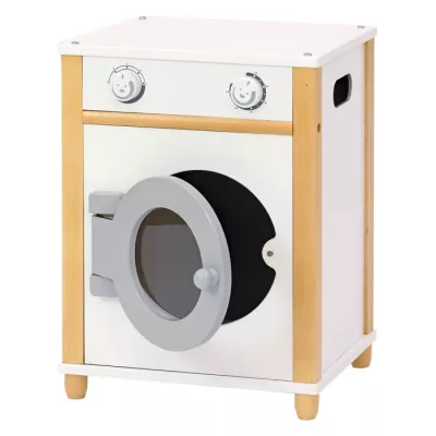Kleines Waschmaschinenersatz, Spielzeug-Waschmaschine, Holzrahmen, Frontlader-Design, grau-weiß
