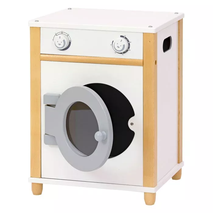 Kleines Waschmaschinenersatz, Spielzeug-Waschmaschine, Holzrahmen, Frontlader-Design, grau-weiß