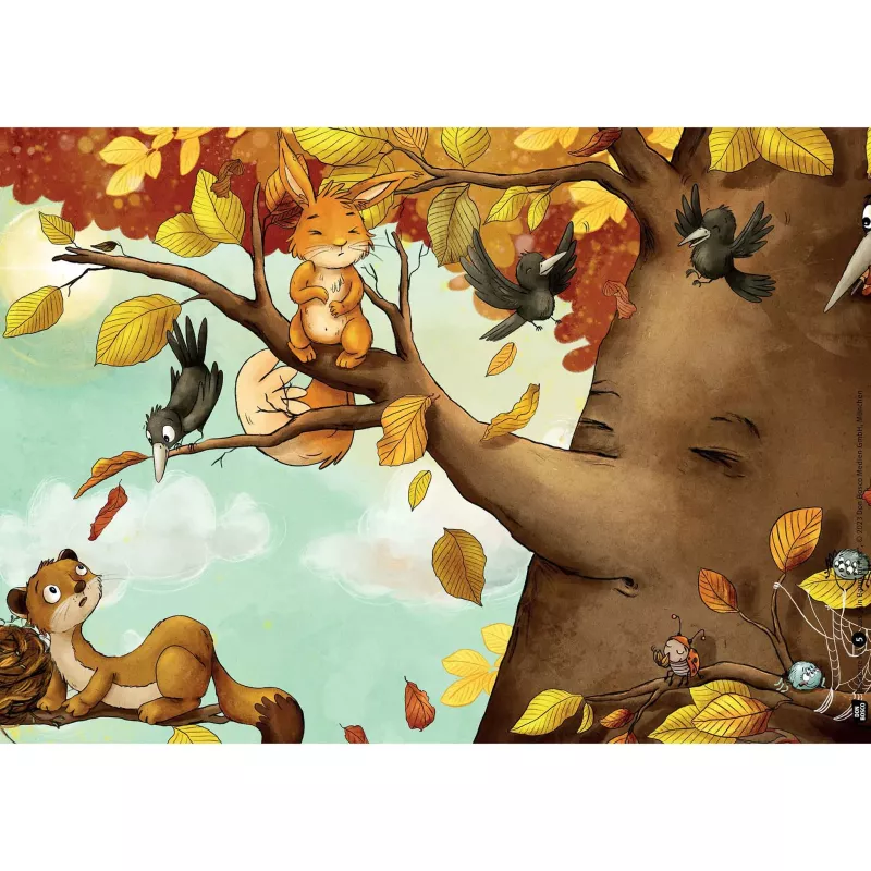 Tierkinderbuch, Waldszene, Eichhörnchen, Vögel, Herbstlaub