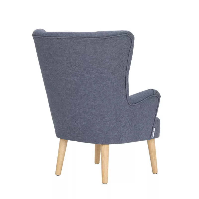 Sessel, Stuhl, Polsterstuhl, Holzbeine, blaues Gewebe