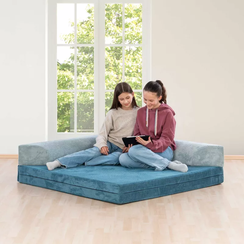 sofa bed, modular sofa, blue cushion, kids seating, living room