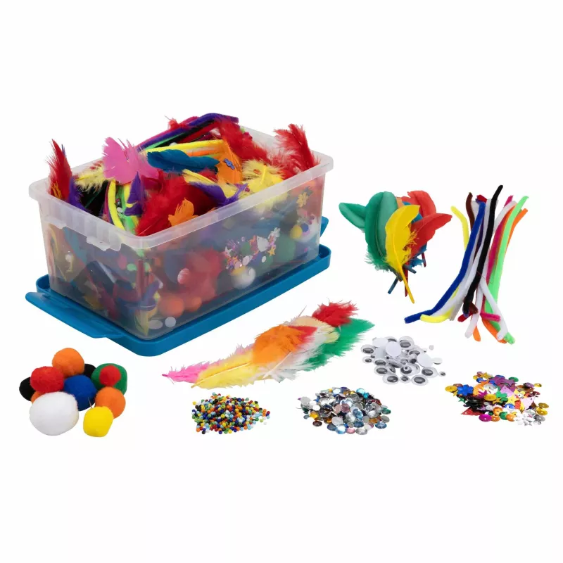 bunte federn, feather assortment, bastelnadeln, bunte pompon, bastelmaterialien
