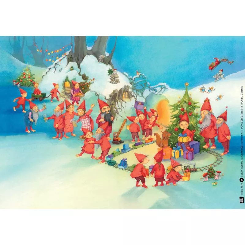Weihnachtswichtel, Winterlandschaft, Weihnachtsbaum, Geschenke, Wichtelzug