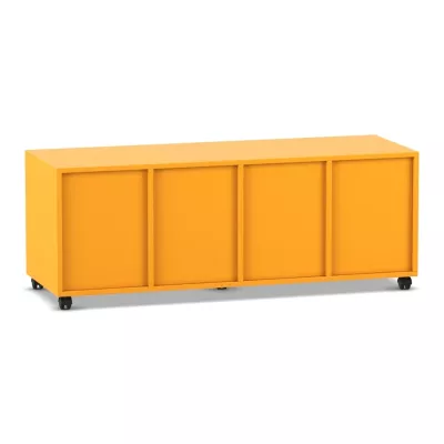 orange, storage cabinet, modular, mobility wheels, sliding doors