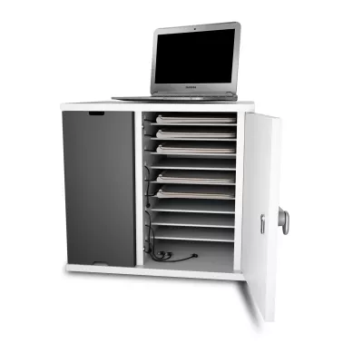 Laptop on cabinet, storage cabinet, laptop tray, charging cables, trolleys