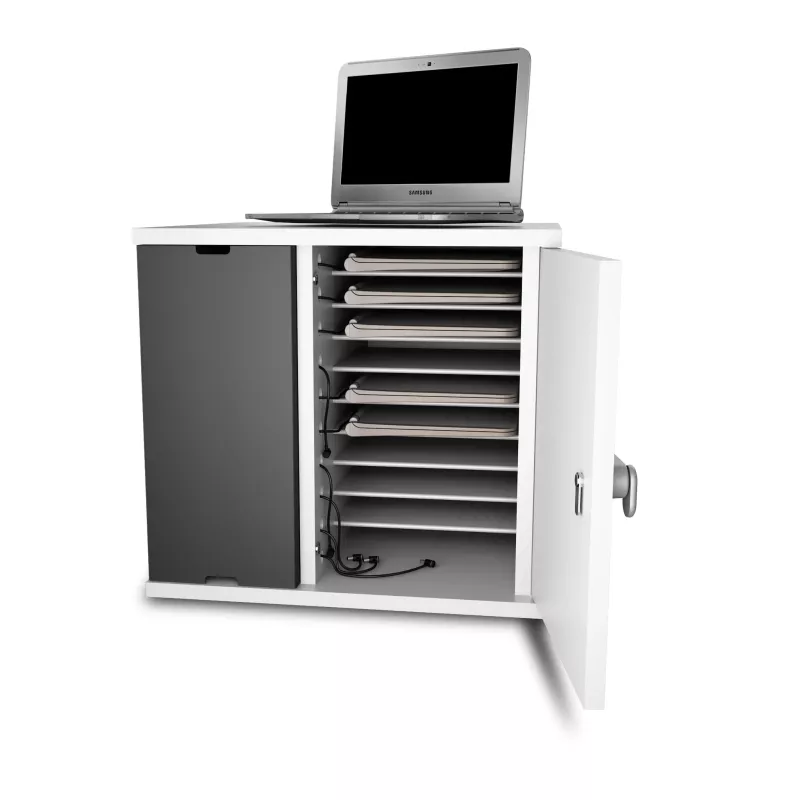 Laptop on cabinet, storage cabinet, laptop tray, charging cables, trolleys