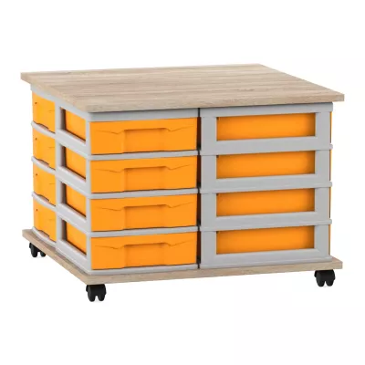 Werkbank, Aufbewahrung, Rollwagen, Orange Behälter, Holzplatte