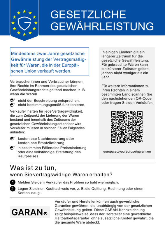 Garan Garantie, Gesetzliche Gewährleistung, QR-Code, EU-Logo, Hinweistext