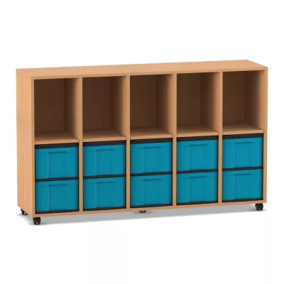 Lagerunit,  Kubus,  Holzschrank,  mit Rollen,  blaue Behälter