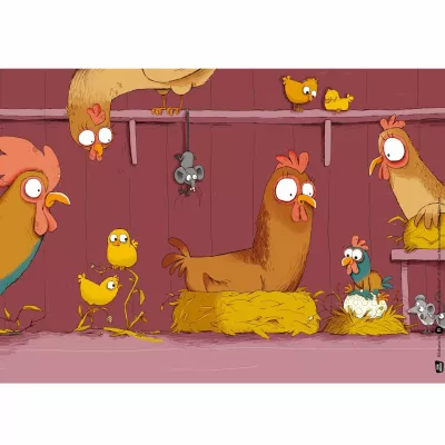 Huhn, Hennenstall, Strohballen, Küken, Maus am Faden
