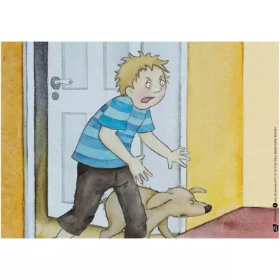 boy, gestreifteshemd, blau, tuer, hund