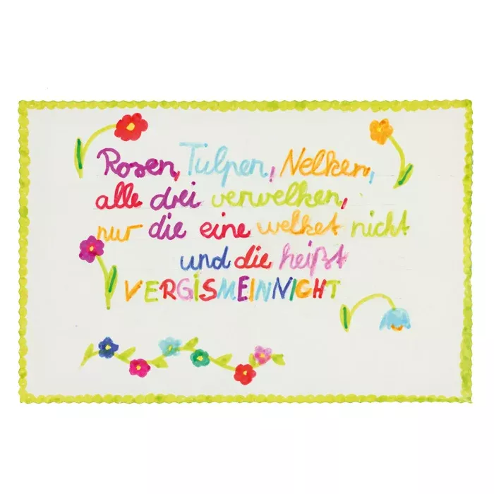 Kartenmotiv, Spruchkarte, bunte Schrift, Blumenrand, Frühstücks-/Dekokarte