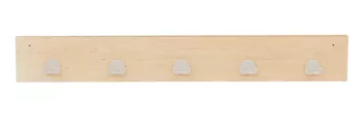 wooden rail, wandboard wall, coat rack, hooks, four hooks