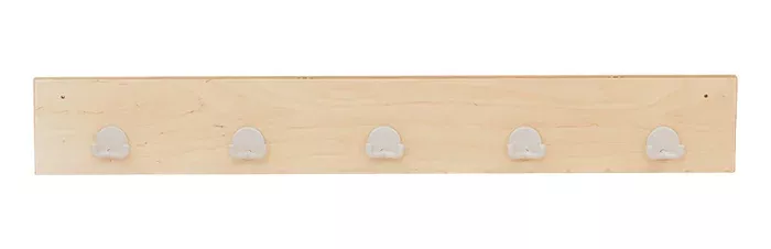 wooden rail, wandboard wall, coat rack, hooks, four hooks