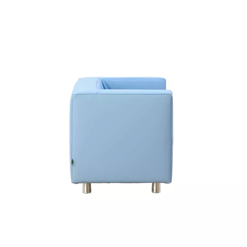 Sofa, Armlehne, Ecksofa, Bezug, Farbe]}** Note: This is not correct. Re-evaluate. Wait. The image shows a light blue modular sofa with square shape, metal legs, fabric upholstery. Provide 5 concise tags: