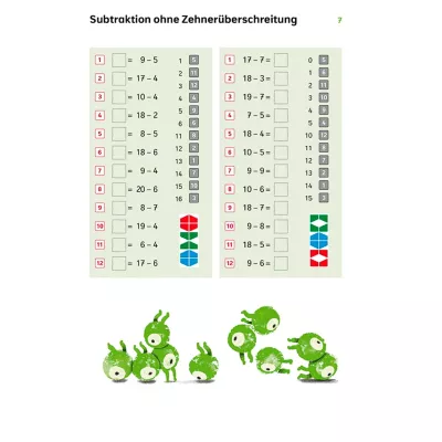 Subtraktion, Arbeitsblatt, Kinder, grüne Aliens, Formenstapel