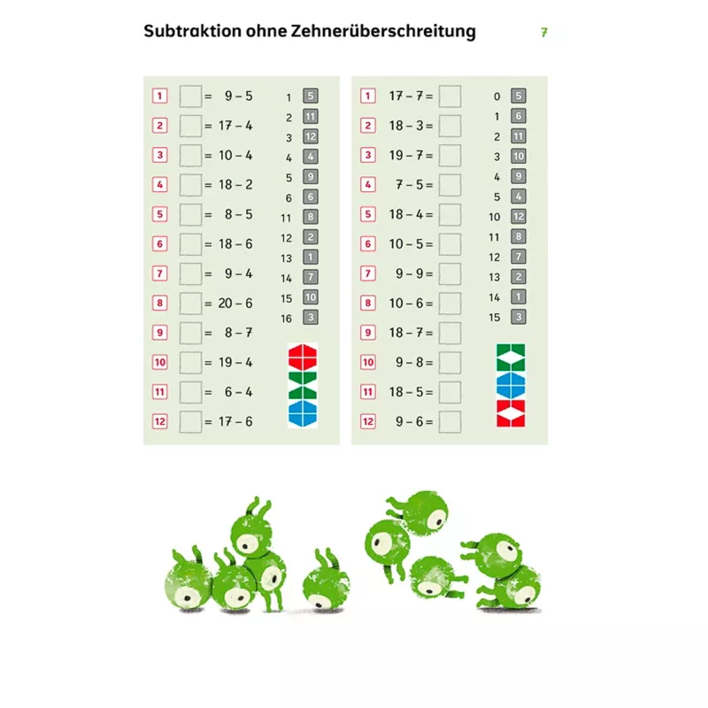 Subtraktion, Arbeitsblatt, Kinder, grüne Aliens, Formenstapel