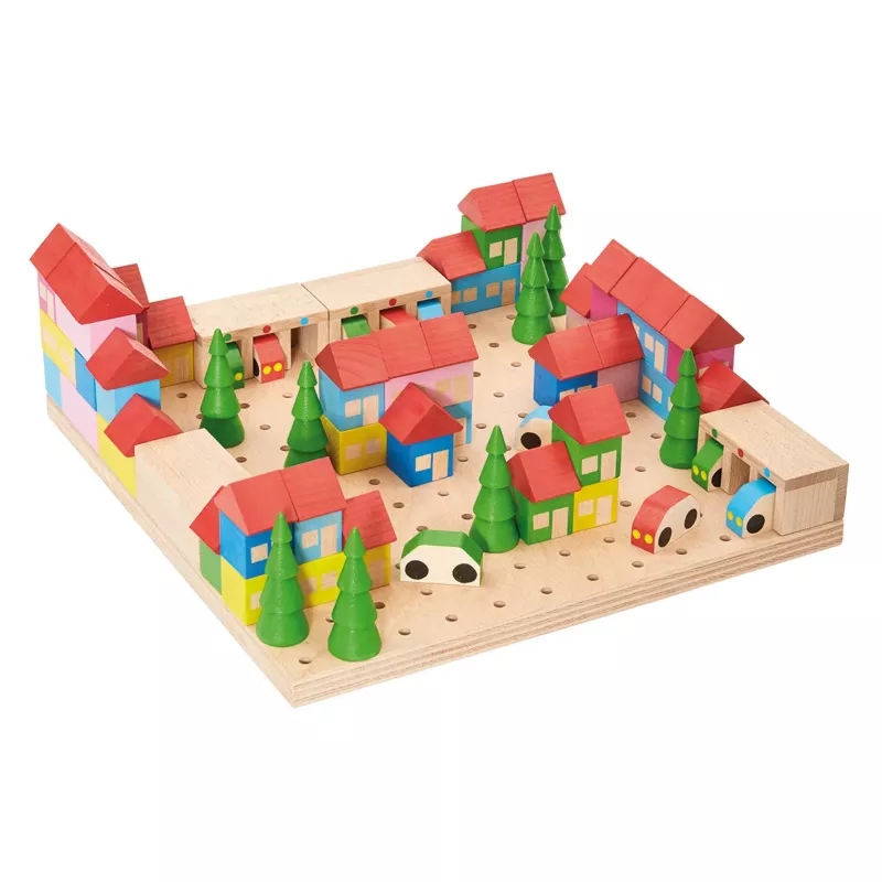 Holzspielzeug, Stadtmodell aus Holz, Holzbausteine, Kleine Häuser, Kiefernholz