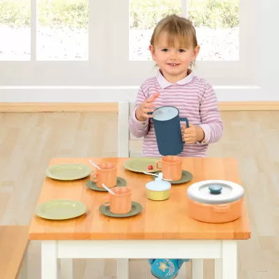 Kinder-Mahlset, Spielzeug-Geschirr, Kaffee-/Teekanne, Teller, Holztisch