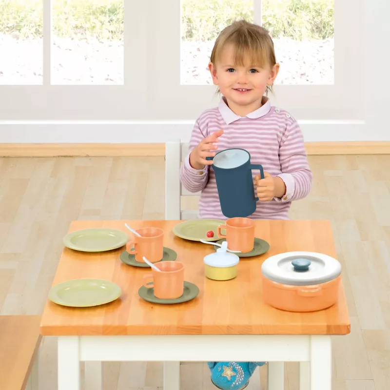 Kinder-Mahlset, Spielzeug-Geschirr, Kaffee-/Teekanne, Teller, Holztisch