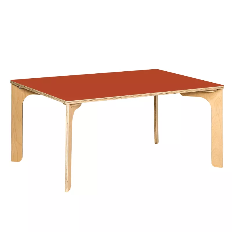 Esstisch, Holztisch, Roter Tischboden, Vierbeiniger Tisch, Schichtplatten-Konstruktion