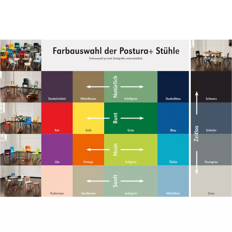 Kunststoffstühle, verschiedene Farben, Kinderstuhl, Stuhlsammlung, Farbtabelle