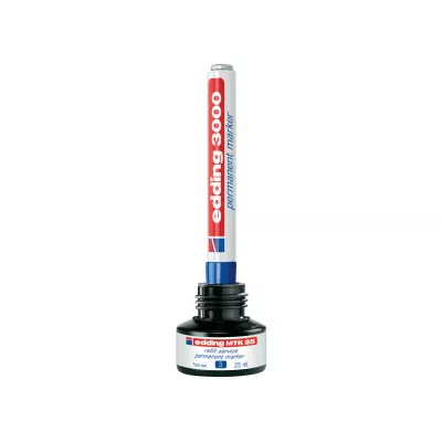 Permanentmarker, weiße Flasche, blauer Deckel, rote Beschriftung, 25 ml