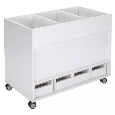 weißes Regal, modulares Aufbewahrungssystem, Schubladenbasis, Rollrollen, drei kleine Schubladen