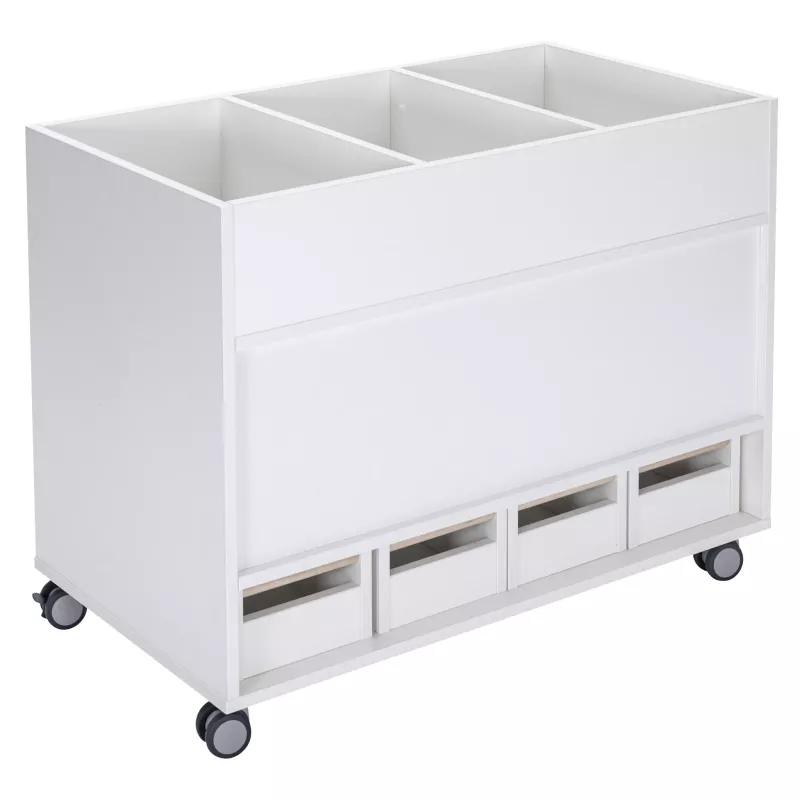 weißes Regal, modulares Aufbewahrungssystem, Schubladenbasis, Rollrollen, drei kleine Schubladen