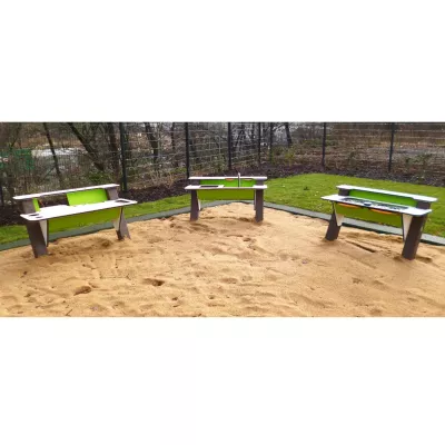 spielplatz, sandkasten, sitzecke, holzwerkzeug, grün