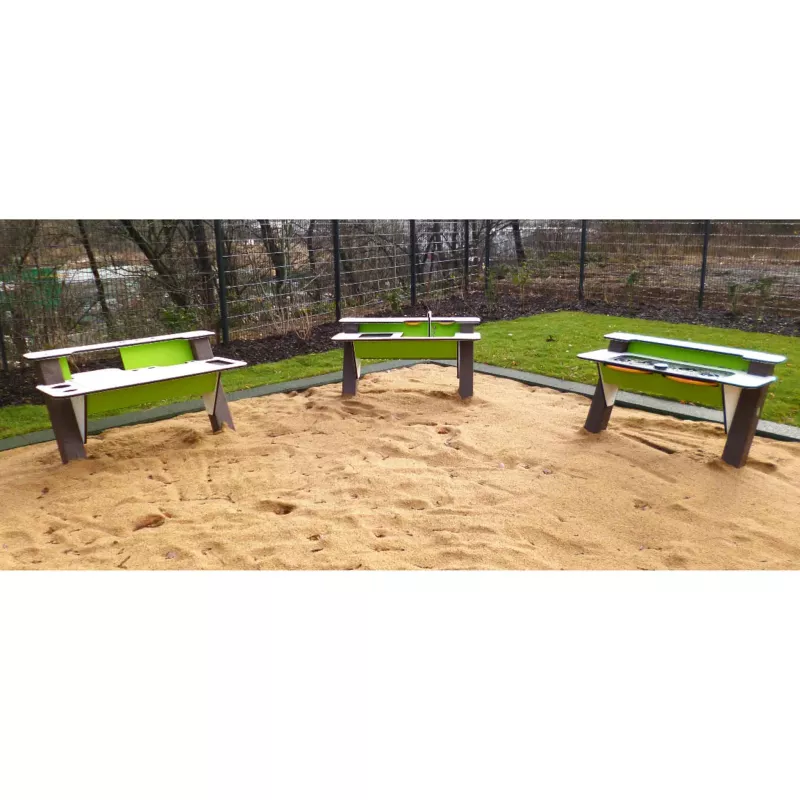 spielplatz, sandkasten, sitzecke, holzwerkzeug, grün
