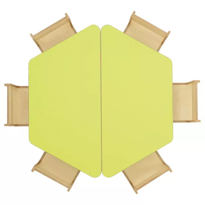 faltbarer tisch, sechseckiger tisch, neon gelb, holzstühle, zusammenklappbarer tisch