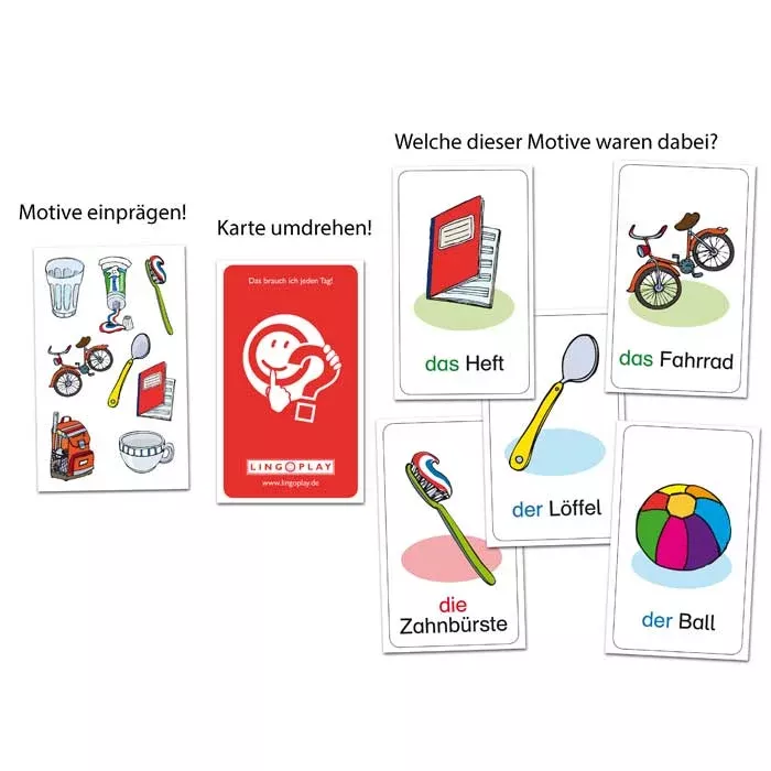 Zahnbürste, Becher, Bleistift, Räder, Karten