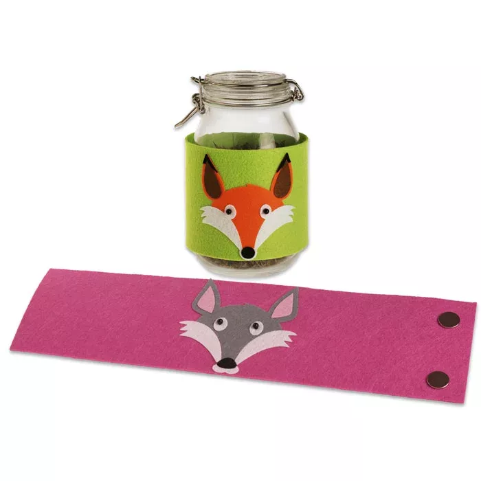 glasgefäß, Filzband, Fuchs-Motiv, grün, rosa