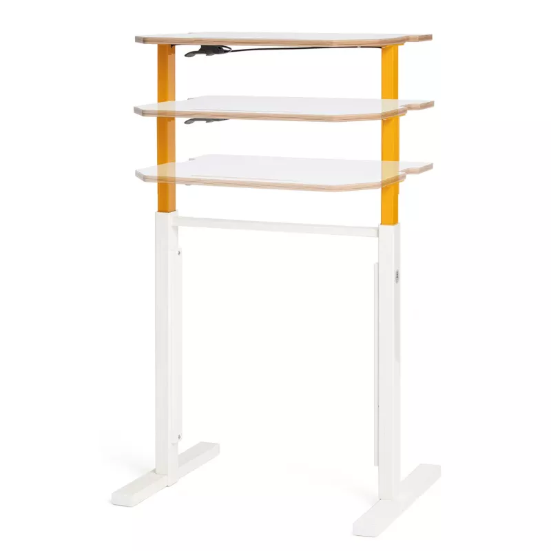 Stehschreibtisch, Schreibtischregal, Holzplatten, orange Stützen, weißes Gestell