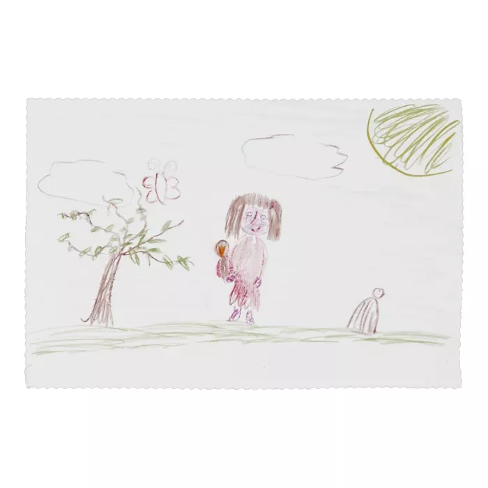 Kinderzeichnung, Mädchen, Baum, Sonne, Ball
