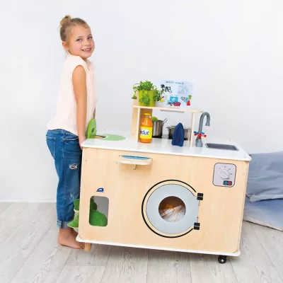 Kinderküche, Küchenzeile, Holzküche, Spielzeugküche, Waschmaschinen-Design