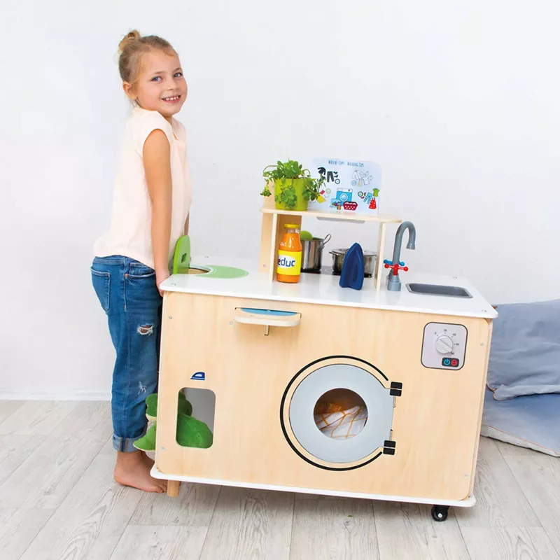 Kinderküche, Küchenzeile, Holzküche, Spielzeugküche, Waschmaschinen-Design