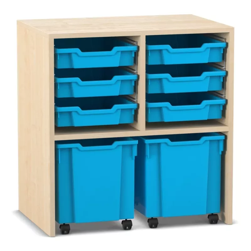 Aufbewahrung, Schrank, Schubladenmöbel, Rollbehälter, blaue Behälter