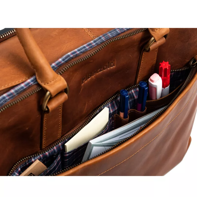Ledertasche, Tascheninnenseite, Stifthalter, Reißverschlussfach, Braunes Leder