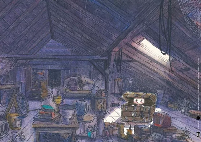 Kinde, Roboter, Schatztruhe, Dachboden, Lampe