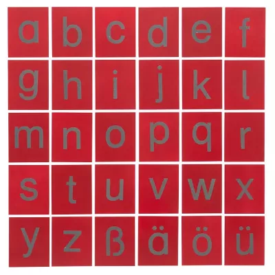 Alphabet, Buchstaben, rote Fliesen, graue Buchstaben, a-z Umlauten