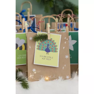 Geschenktüte, Weihnachtsdeko, Paillettenpfau, Kartenanhänger, Jutebeutel